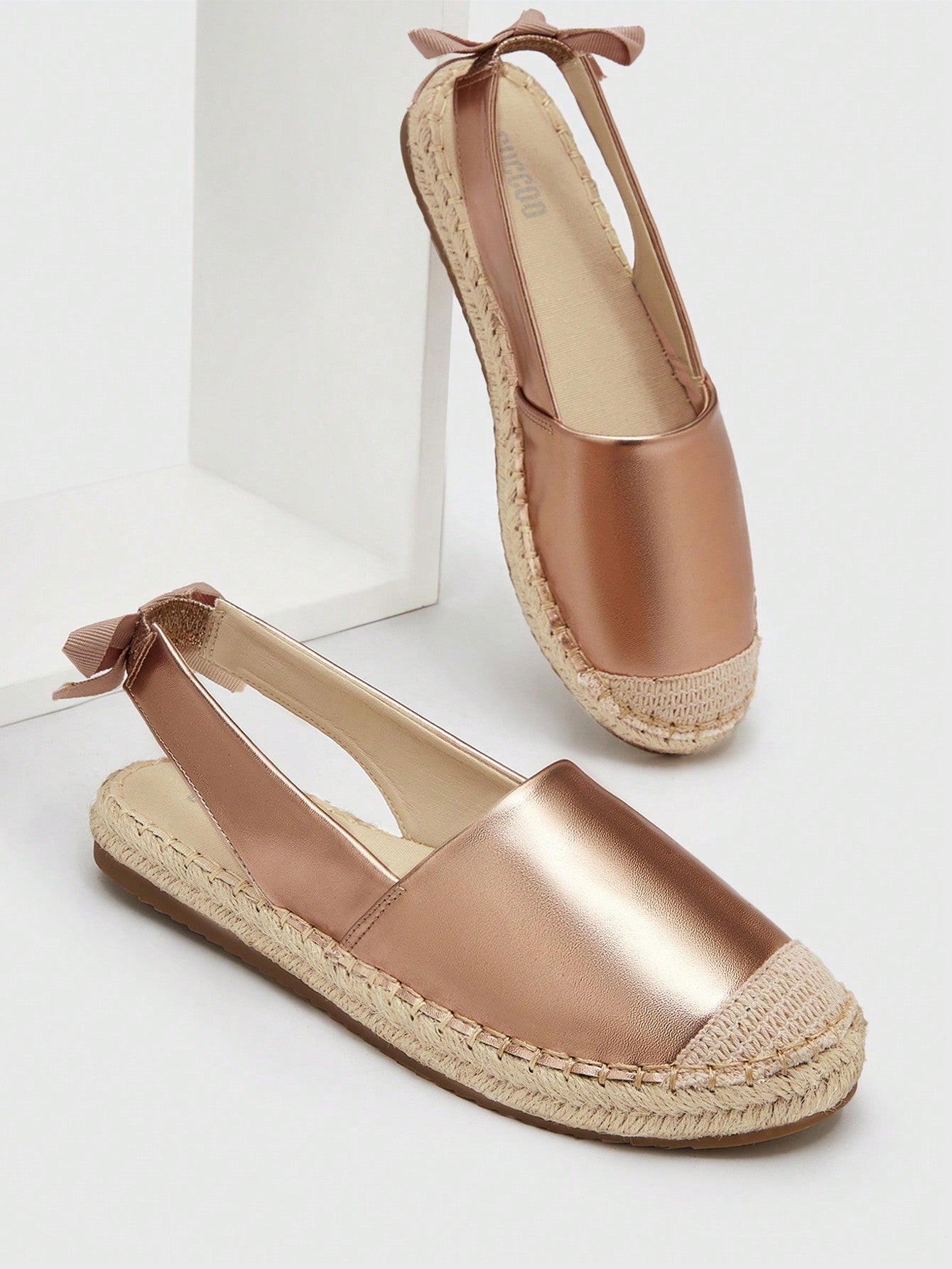 Slingback Bow Decor Rose Gold Cap Toe Flats for Spring and Summer - Women's Shoe Fashion