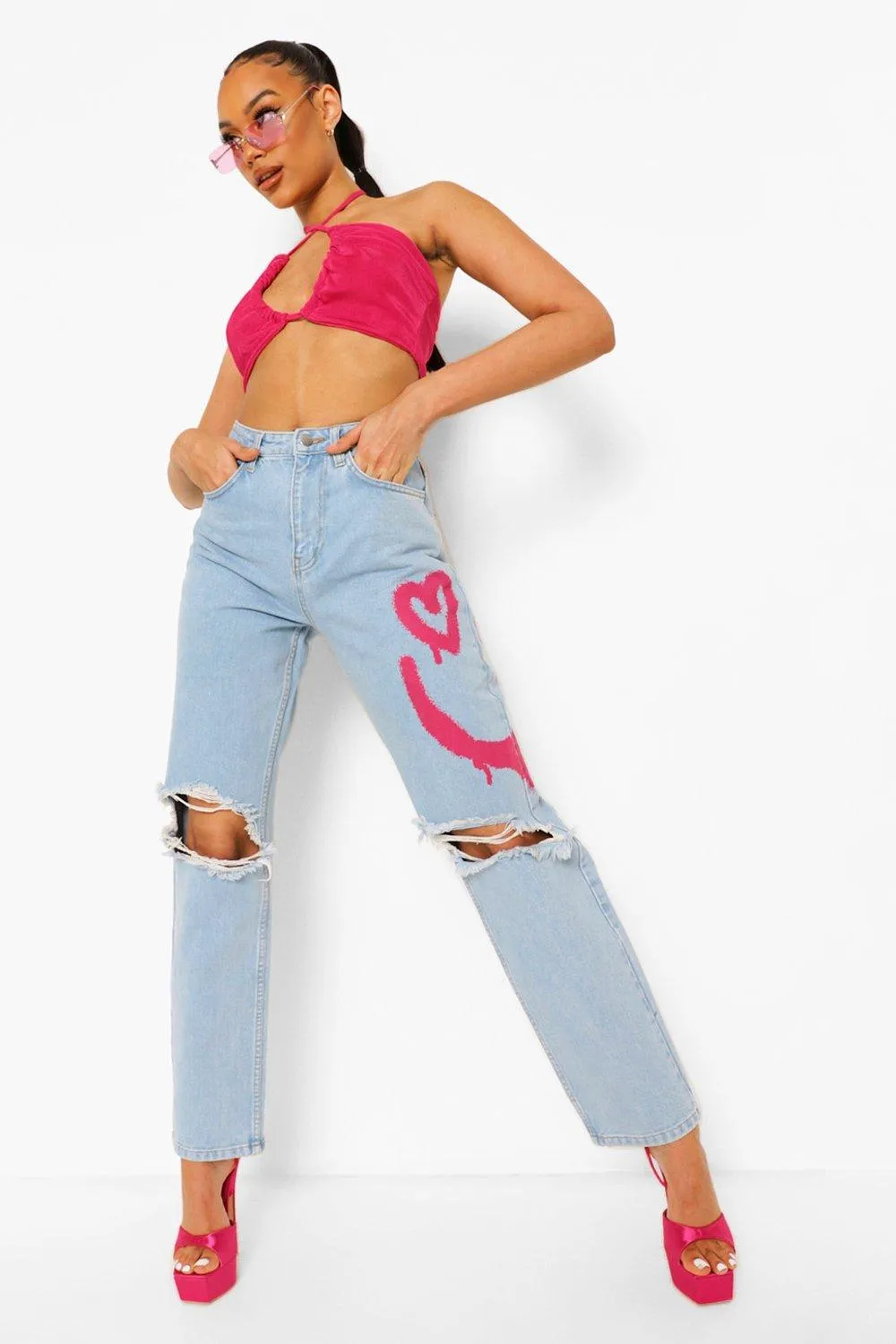 Smile Printed Ripped Knee Boyfriend Jeans