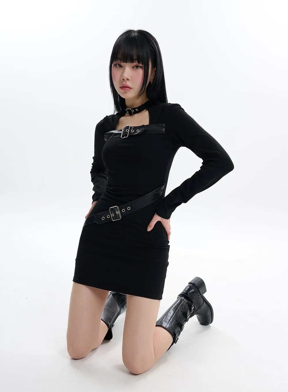 Mini Dress with Solid Buckle - IF413