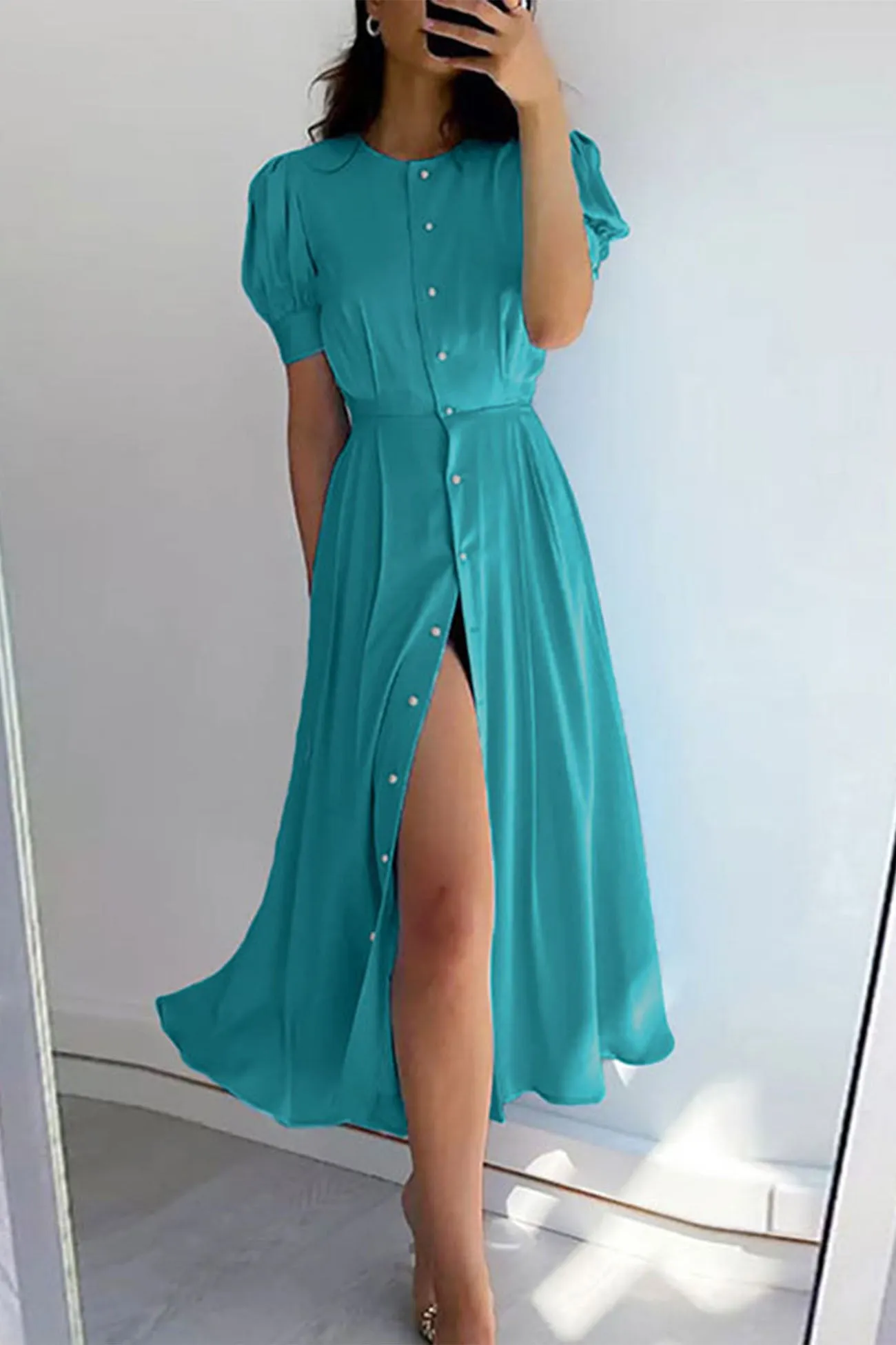 Button Detail Lantern Sleeve Midi Dress