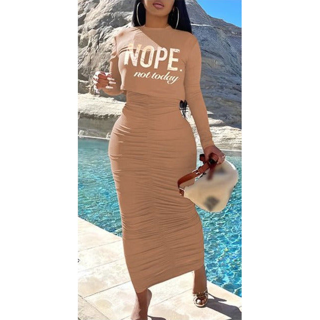 Solid color dress and printed crop top set - Affordable clothing option for women