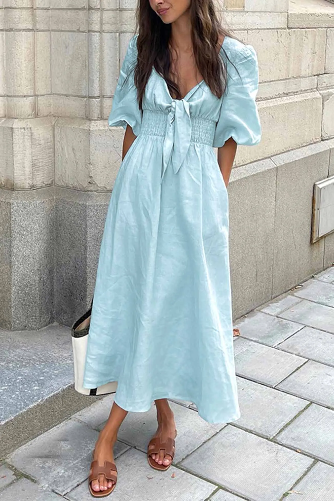 Puff Sleeve Knot Detail Midi Dress