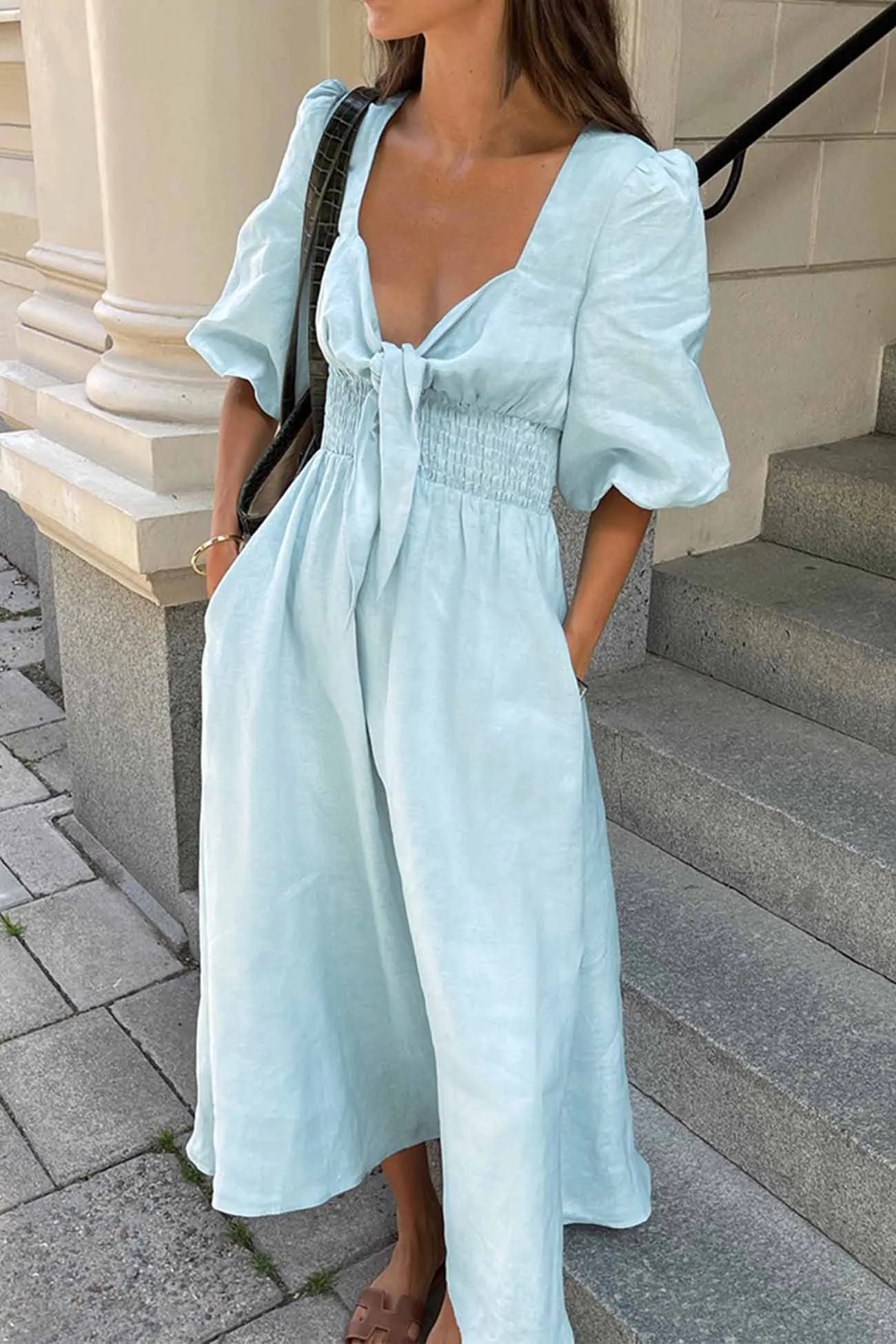 Puff Sleeve Knot Detail Midi Dress