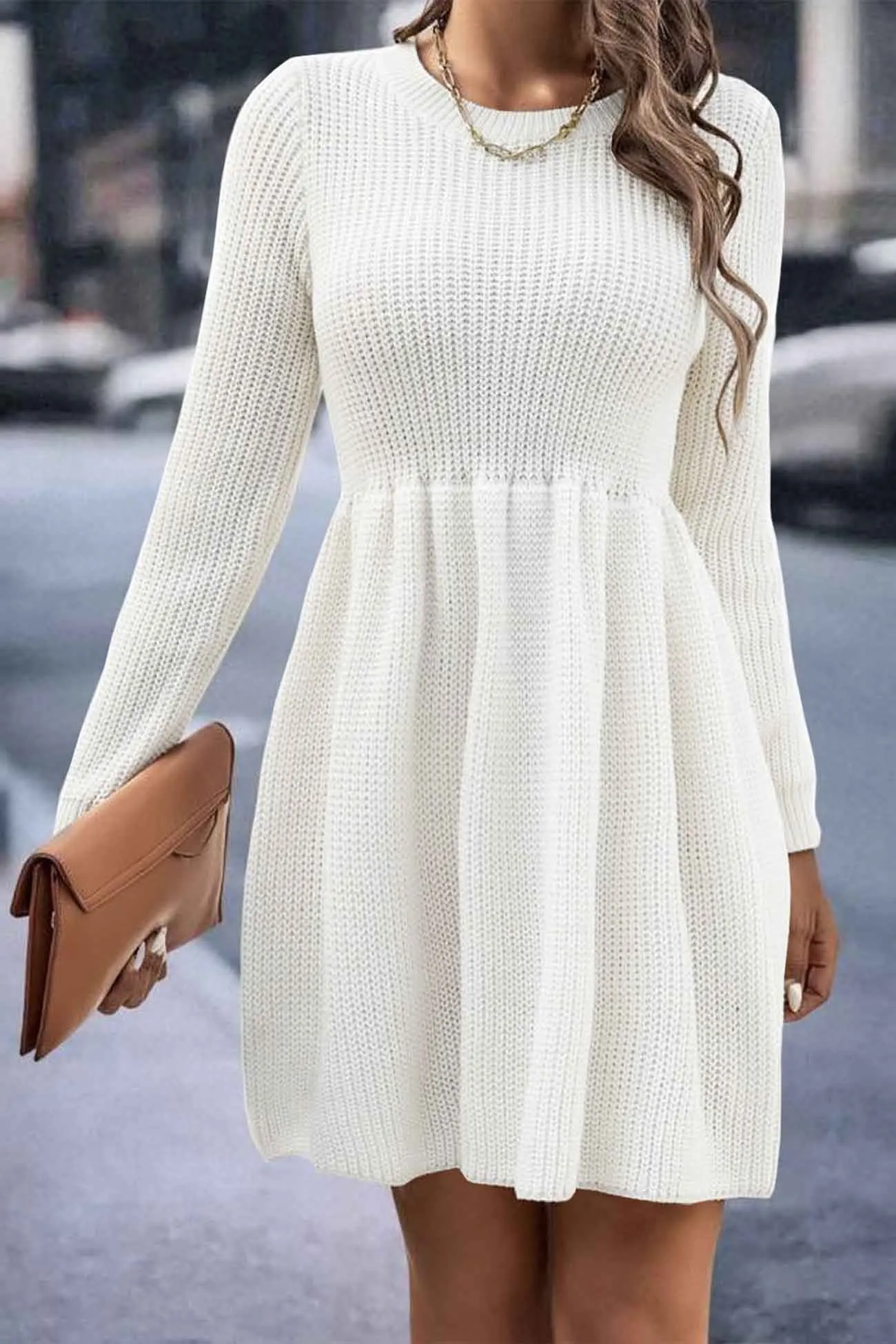 Long Sleeve Solid Color Knitted Dress with Shirring