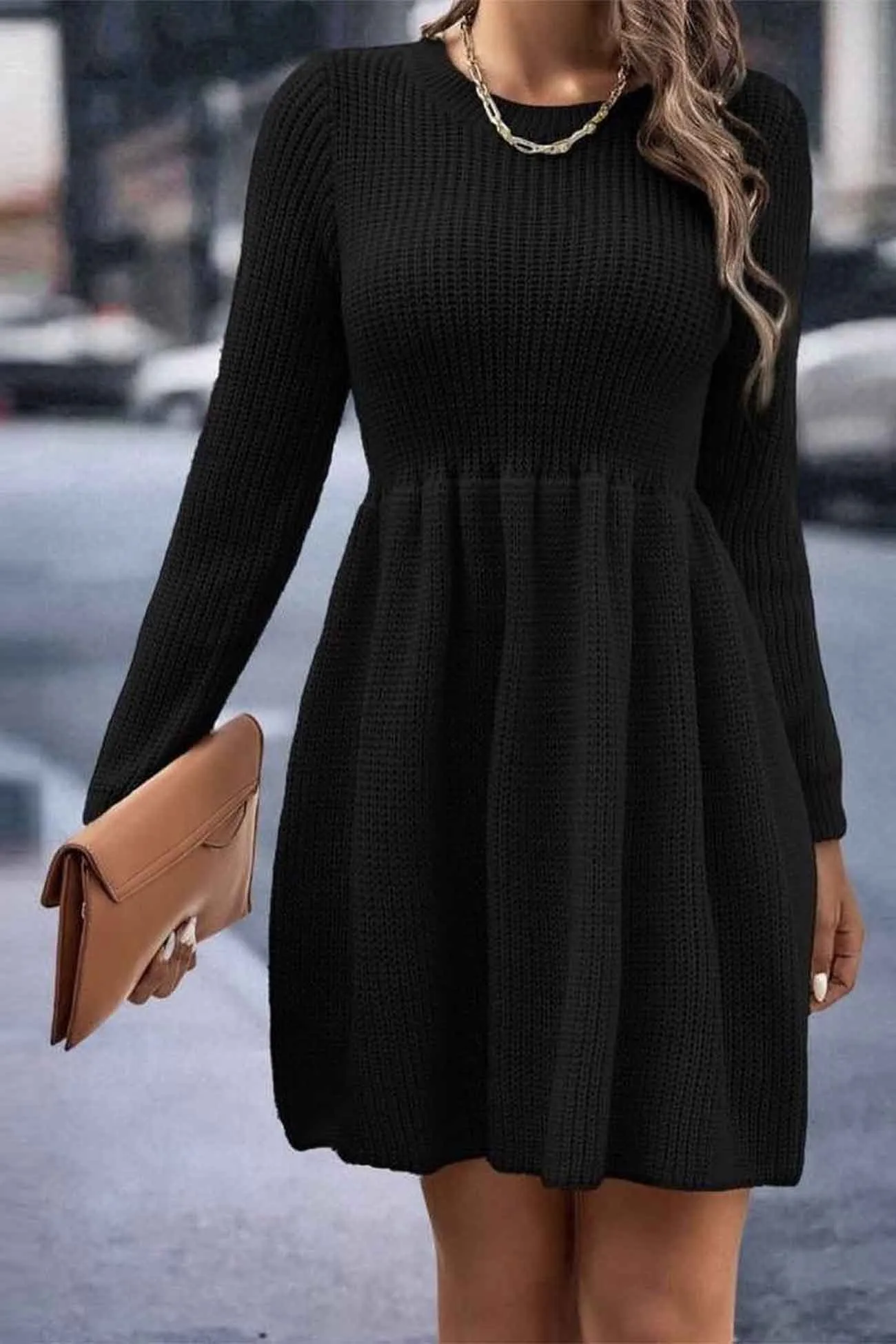 Long Sleeve Solid Color Knitted Dress with Shirring