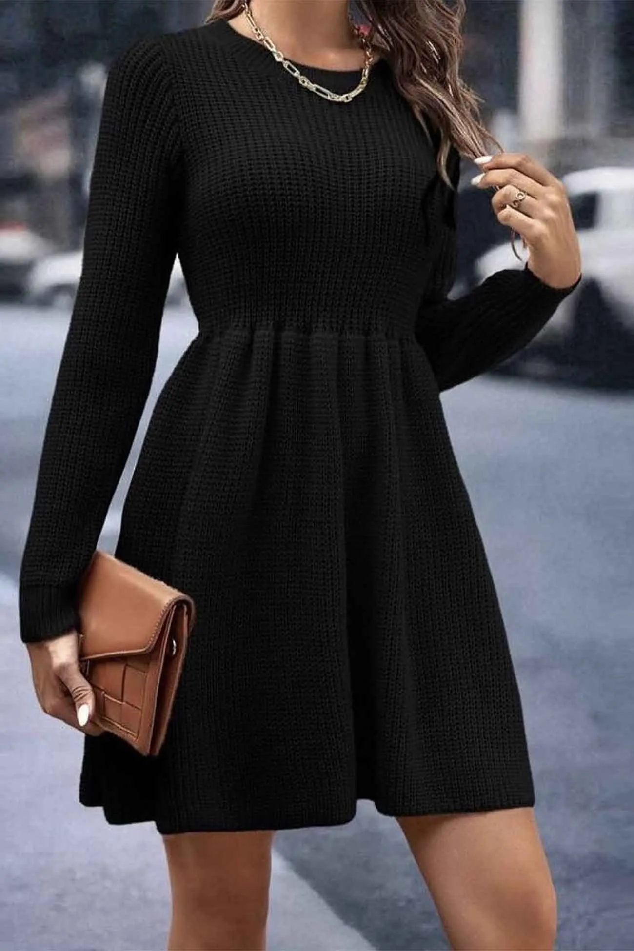 Long Sleeve Solid Color Knitted Dress with Shirring