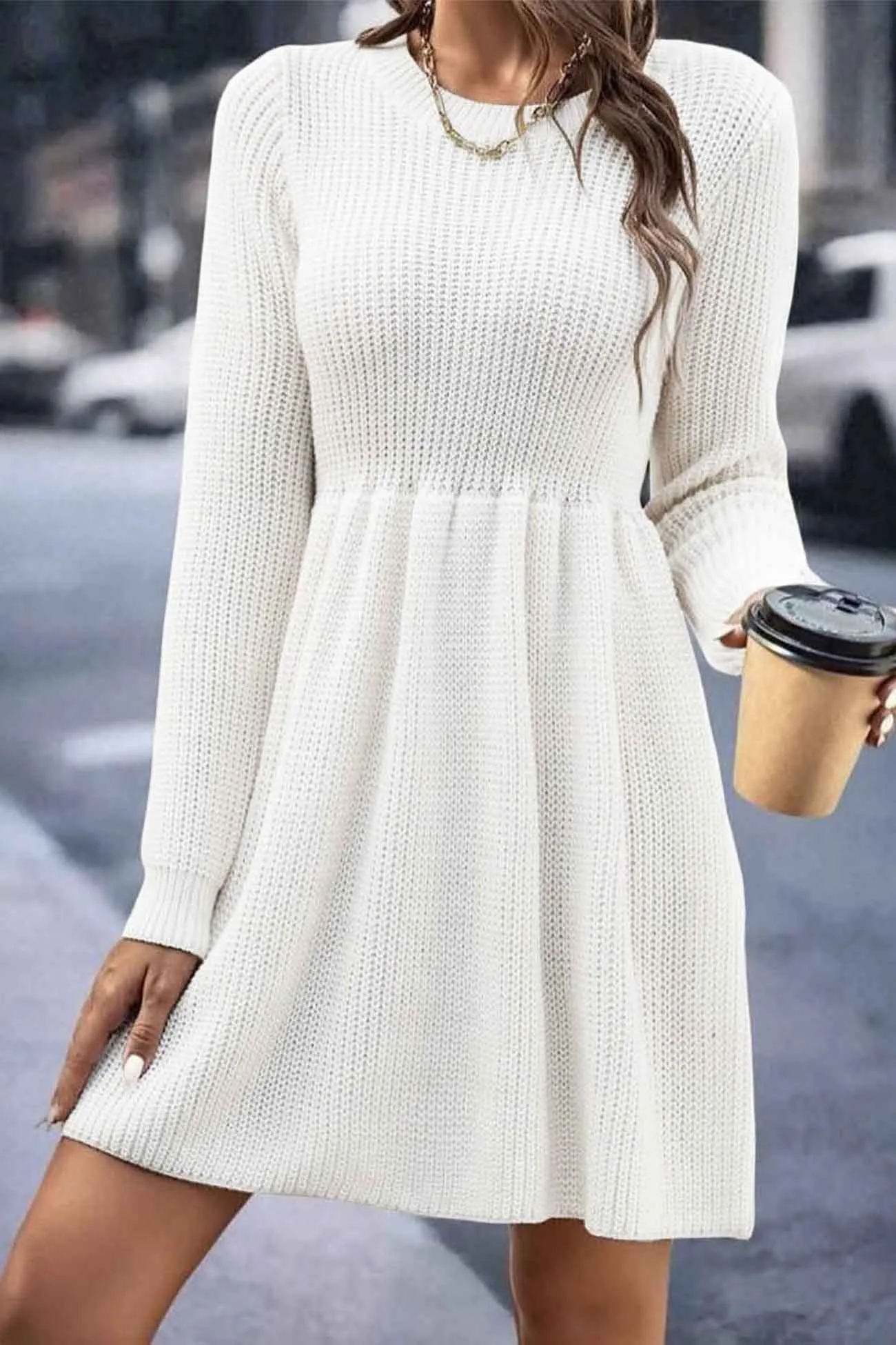 Long Sleeve Solid Color Knitted Dress with Shirring