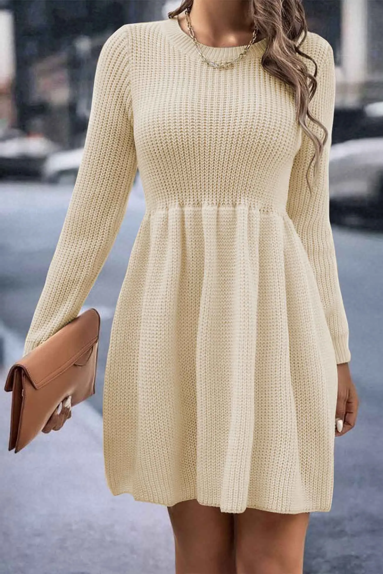 Long Sleeve Solid Color Knitted Dress with Shirring