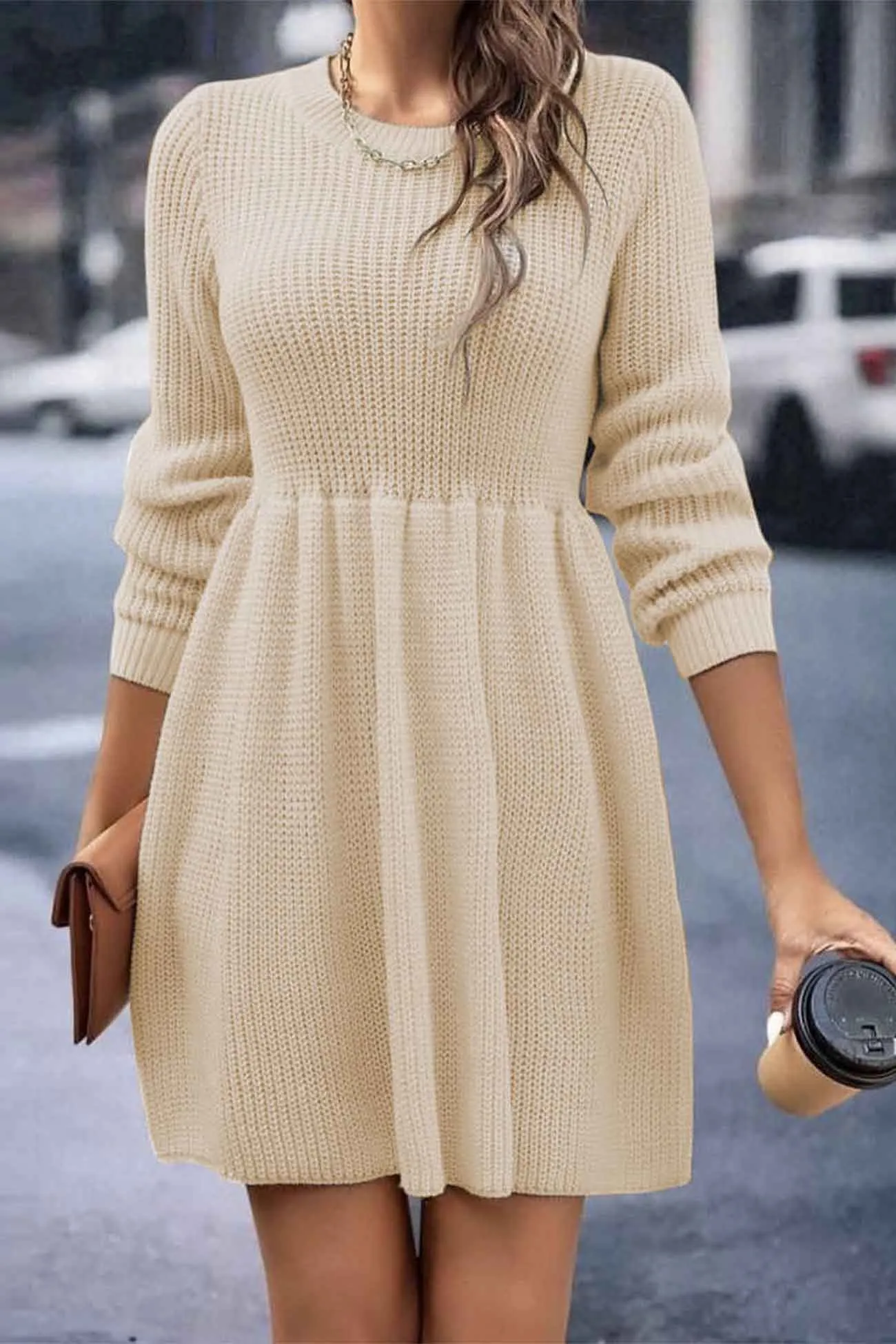 Long Sleeve Solid Color Knitted Dress with Shirring