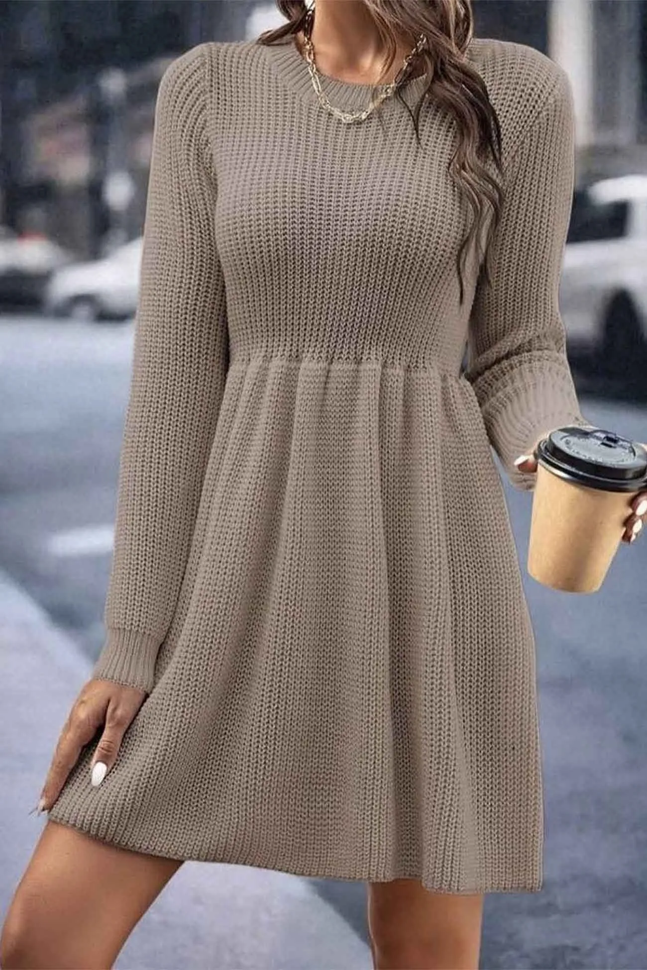 Long Sleeve Solid Color Knitted Dress with Shirring