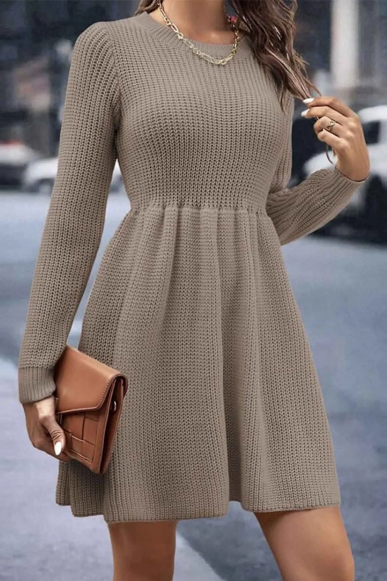 Long Sleeve Solid Color Knitted Dress with Shirring