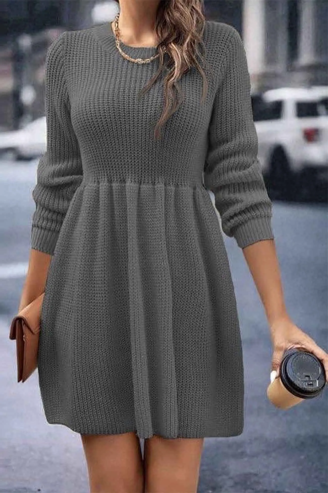 Long Sleeve Solid Color Knitted Dress with Shirring