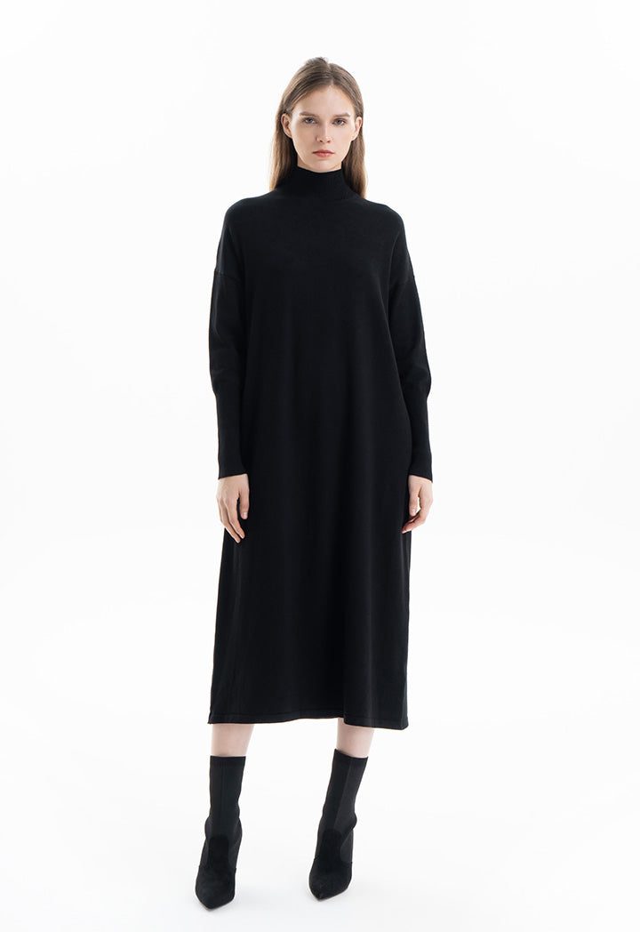 Solid Maxi Dress with High Neck in Knitted Fabric