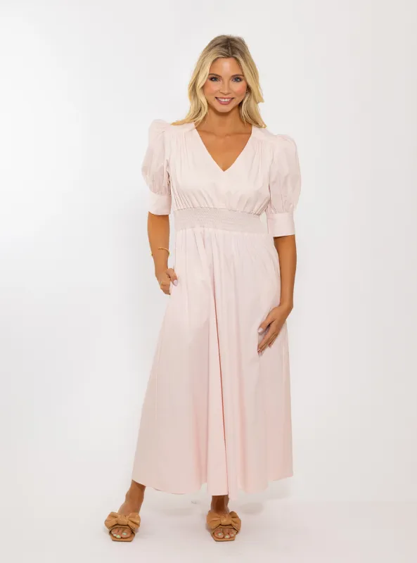 Solid Poplin V Neck Dress