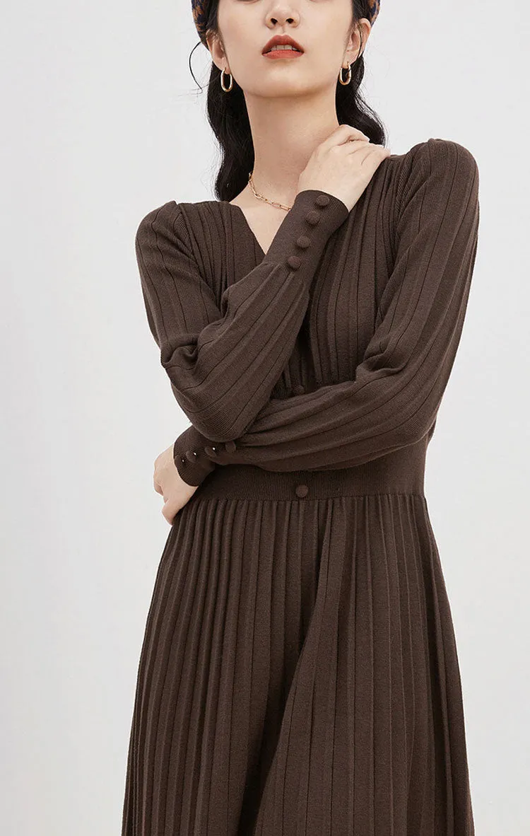 Spring High Waist V-Neck Long Sleeve Knitted Solid Slim A-Line Dress Women