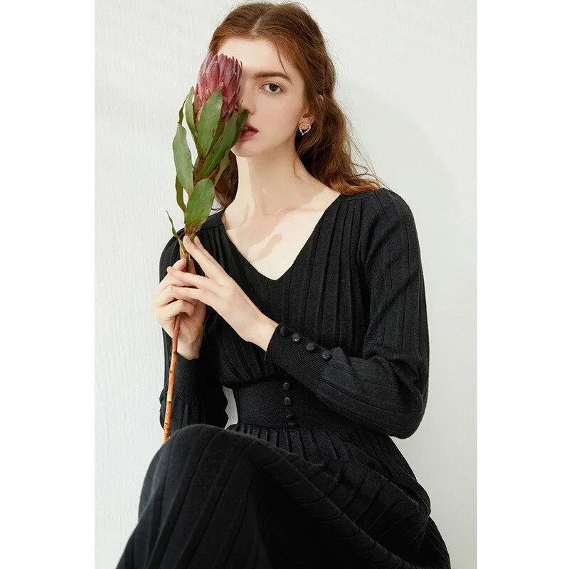 Spring High Waist V-Neck Long Sleeve Knitted Solid Slim A-Line Dress Women