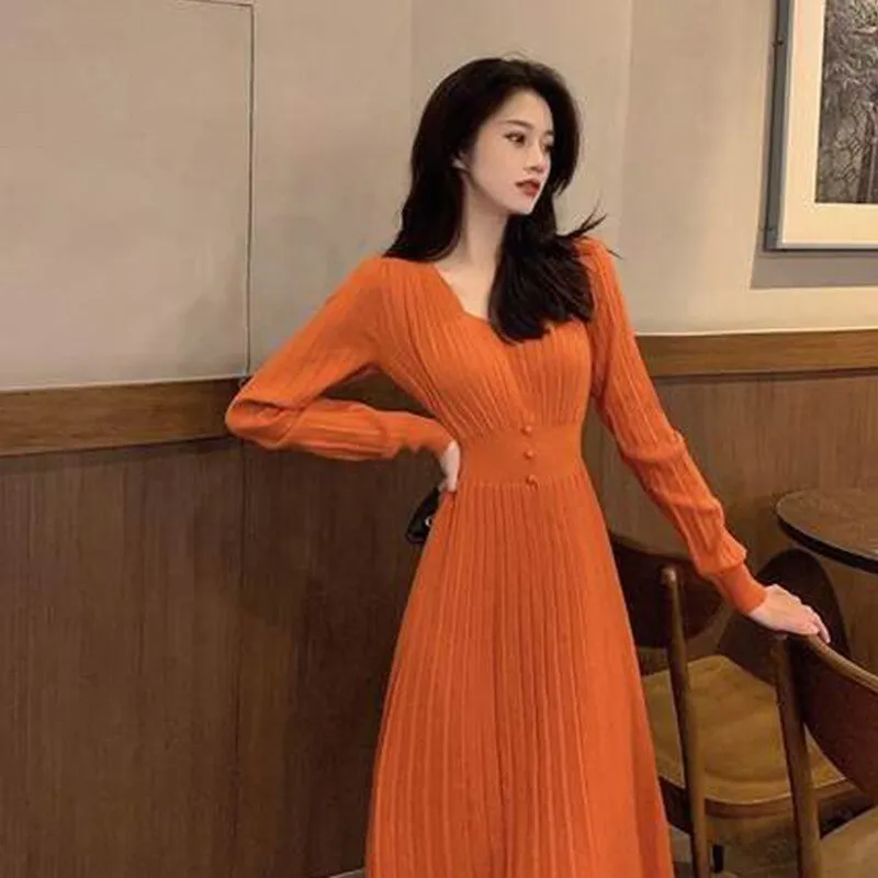 Spring High Waist V-Neck Long Sleeve Knitted Solid Slim A-Line Dress Women