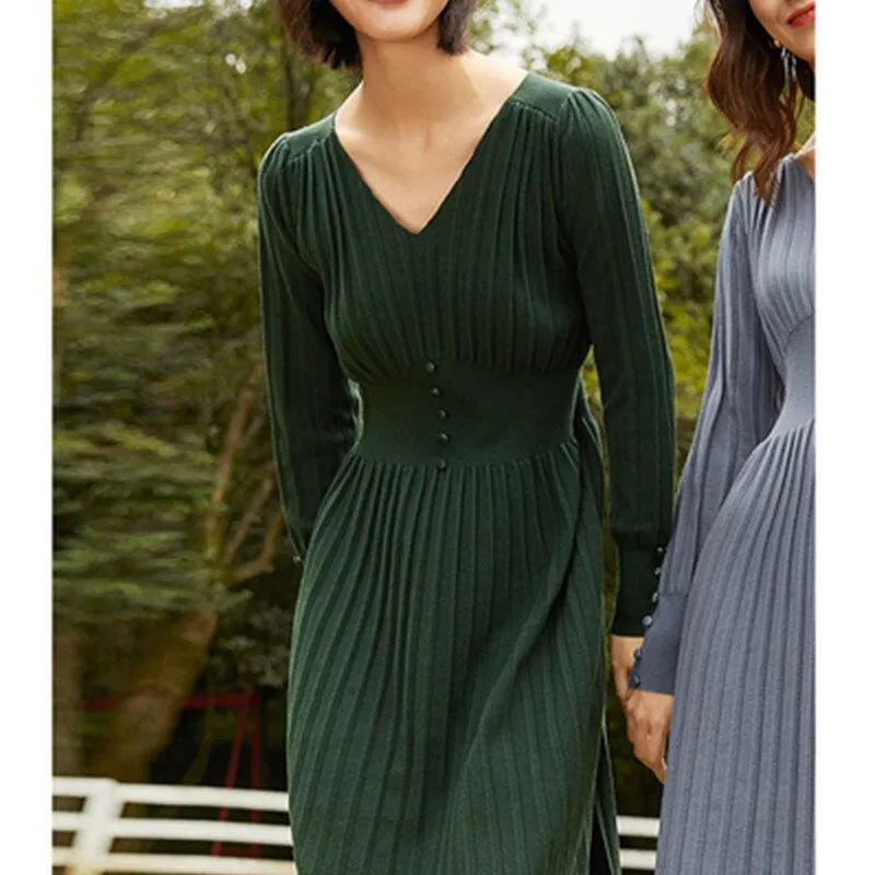 Spring High Waist V-Neck Long Sleeve Knitted Solid Slim A-Line Dress Women