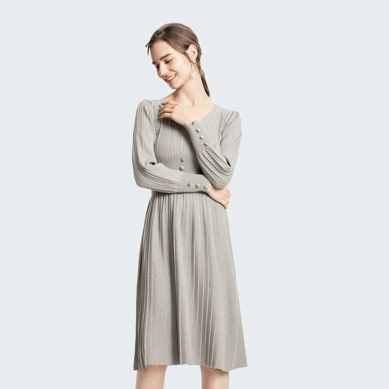 Spring High Waist V-Neck Long Sleeve Knitted Solid Slim A-Line Dress Women