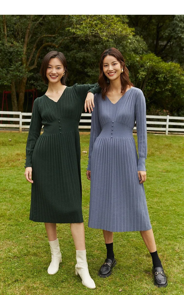 Spring High Waist V-Neck Long Sleeve Knitted Solid Slim A-Line Dress Women