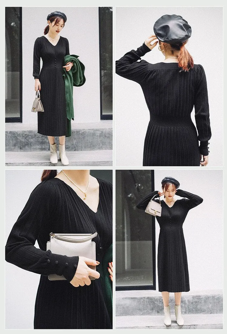 Spring High Waist V-Neck Long Sleeve Knitted Solid Slim A-Line Dress Women