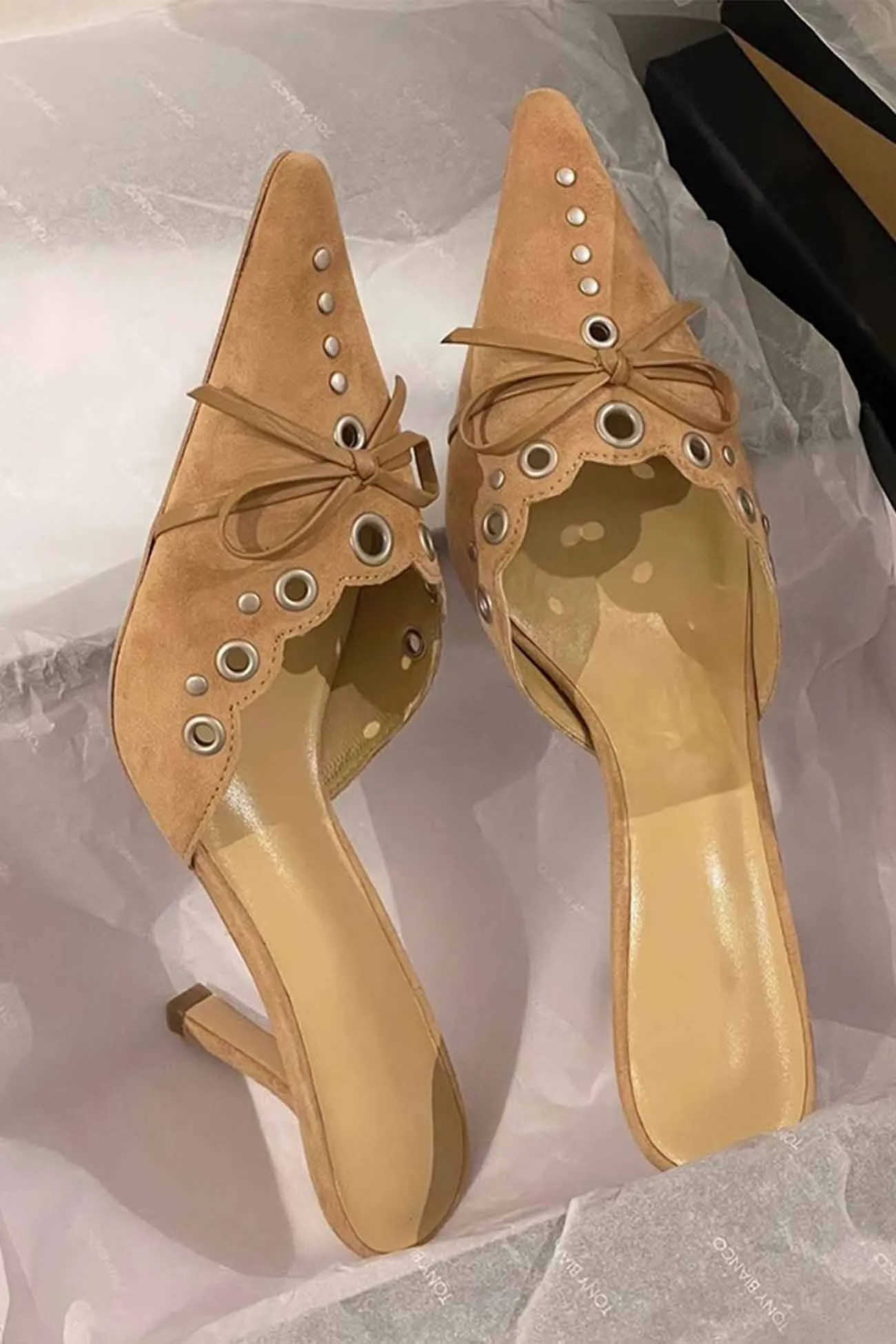 Suede Pointed Toe Bow Hollow Heels Mules