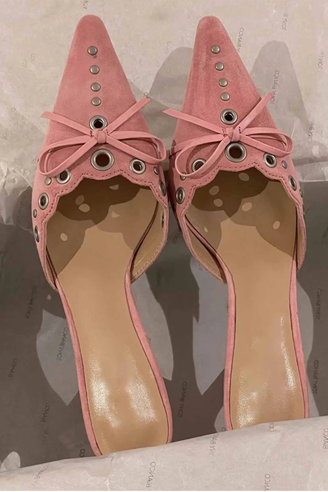 Suede Pointed Toe Bow Hollow Heels Mules