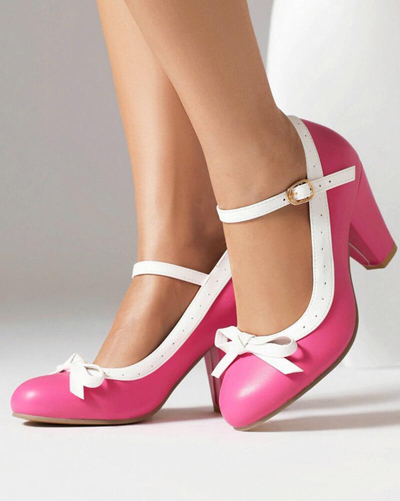 Sweet Round Toe Bow Block Heels for Women