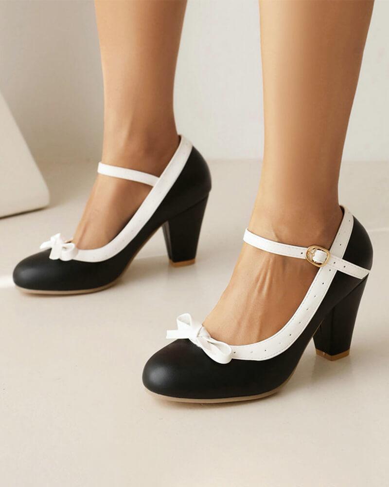 Sweet Round Toe Bow Block Heels for Women