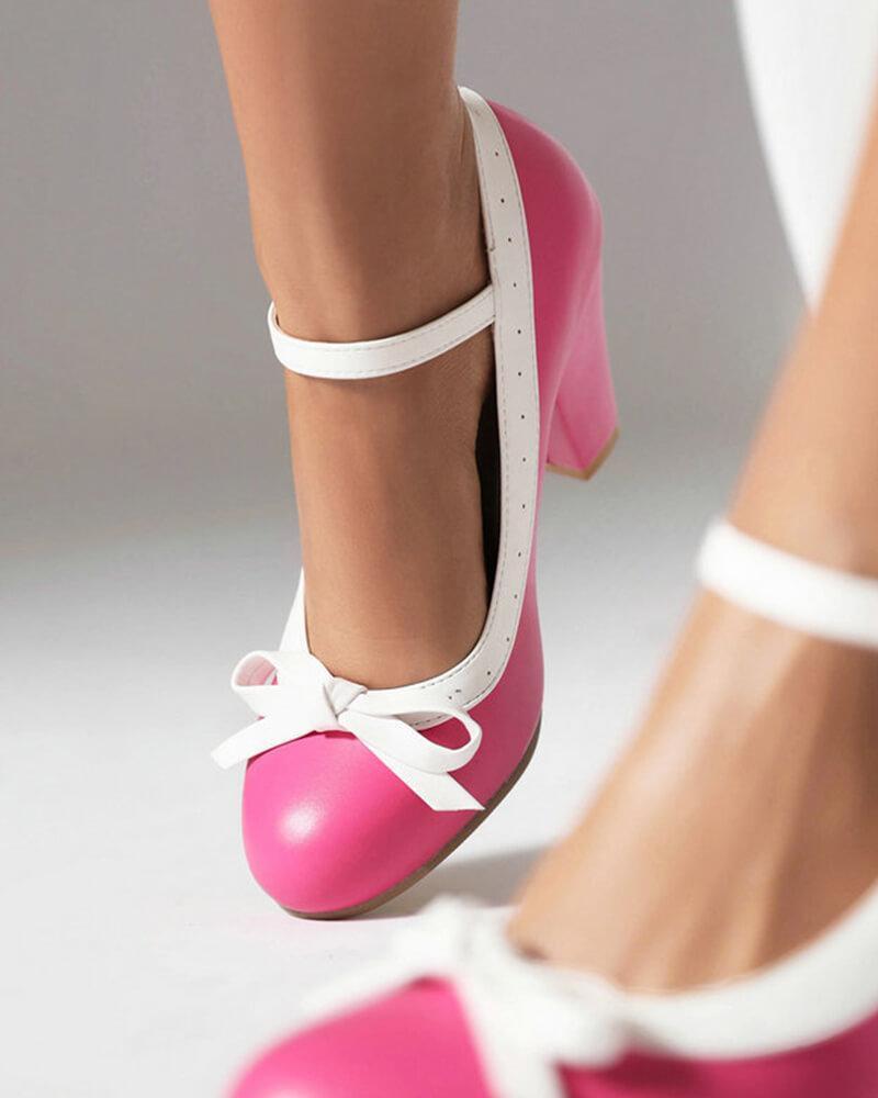 Sweet Round Toe Bow Block Heels for Women