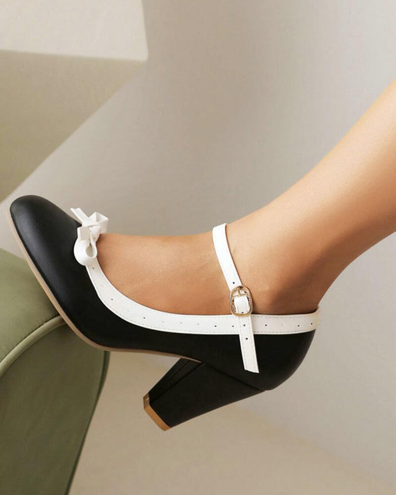 Sweet Round Toe Bow Block Heels for Women