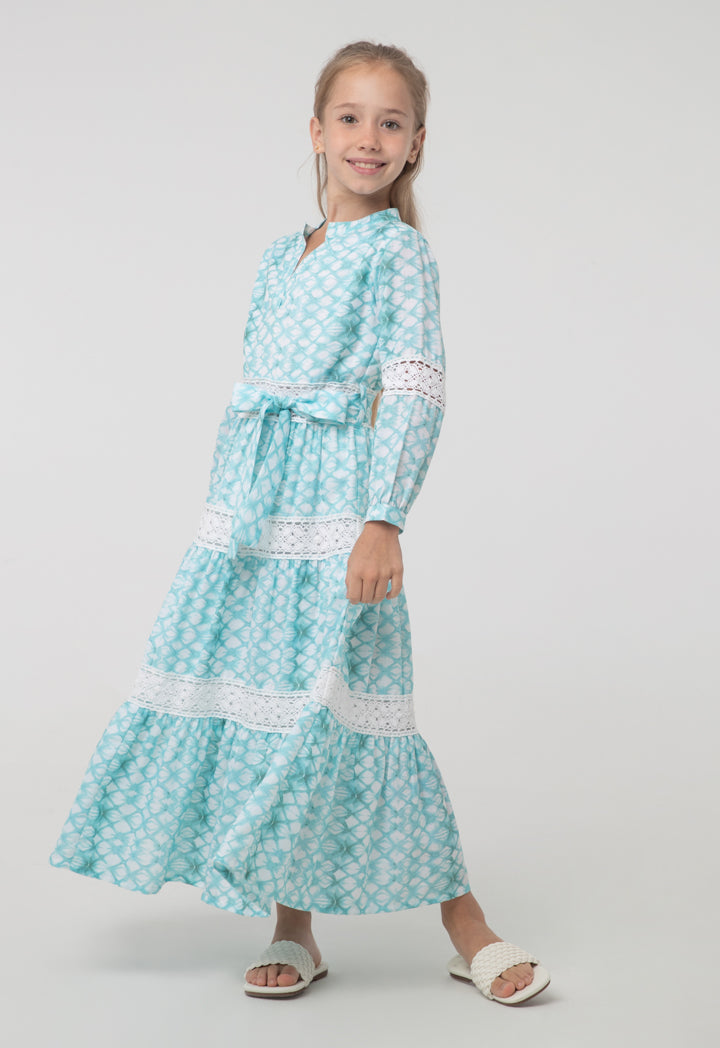 Tier Long-Sleeve Dress with Printed Embroidery