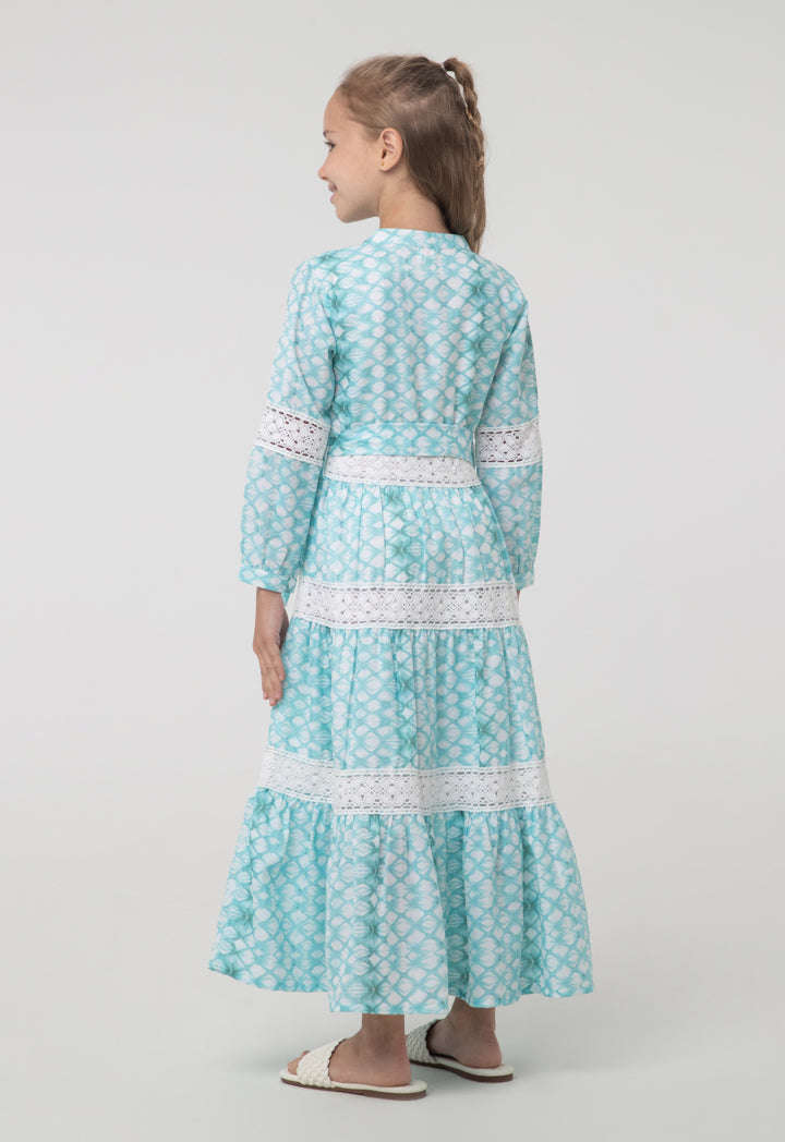 Tier Long-Sleeve Dress with Printed Embroidery