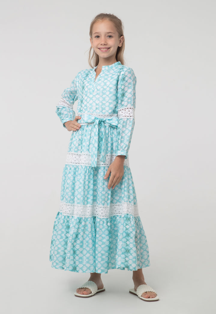 Tier Long-Sleeve Dress with Printed Embroidery