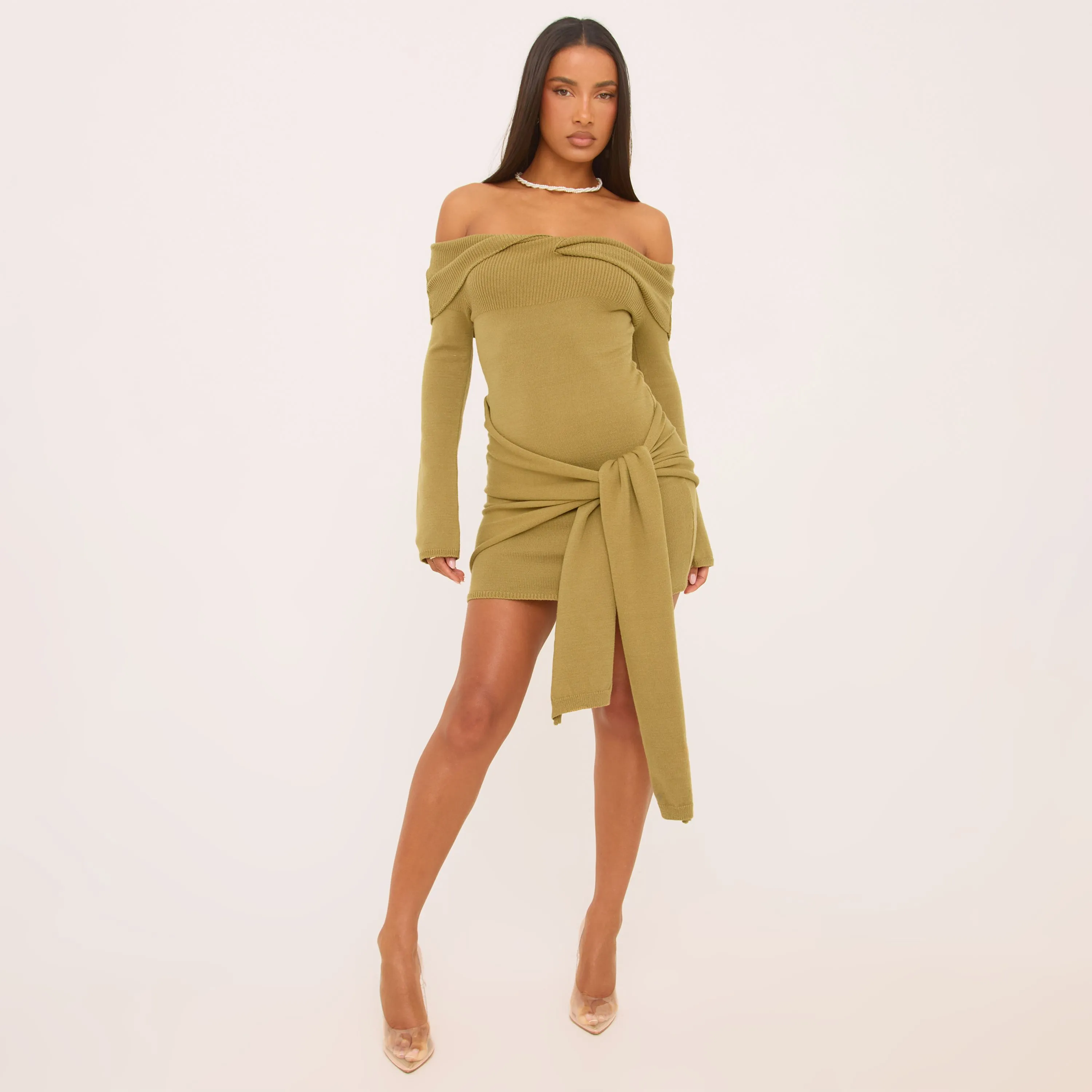 Twist Bardot Long Sleeve Drape Front Mini Dress Olive Green Knit