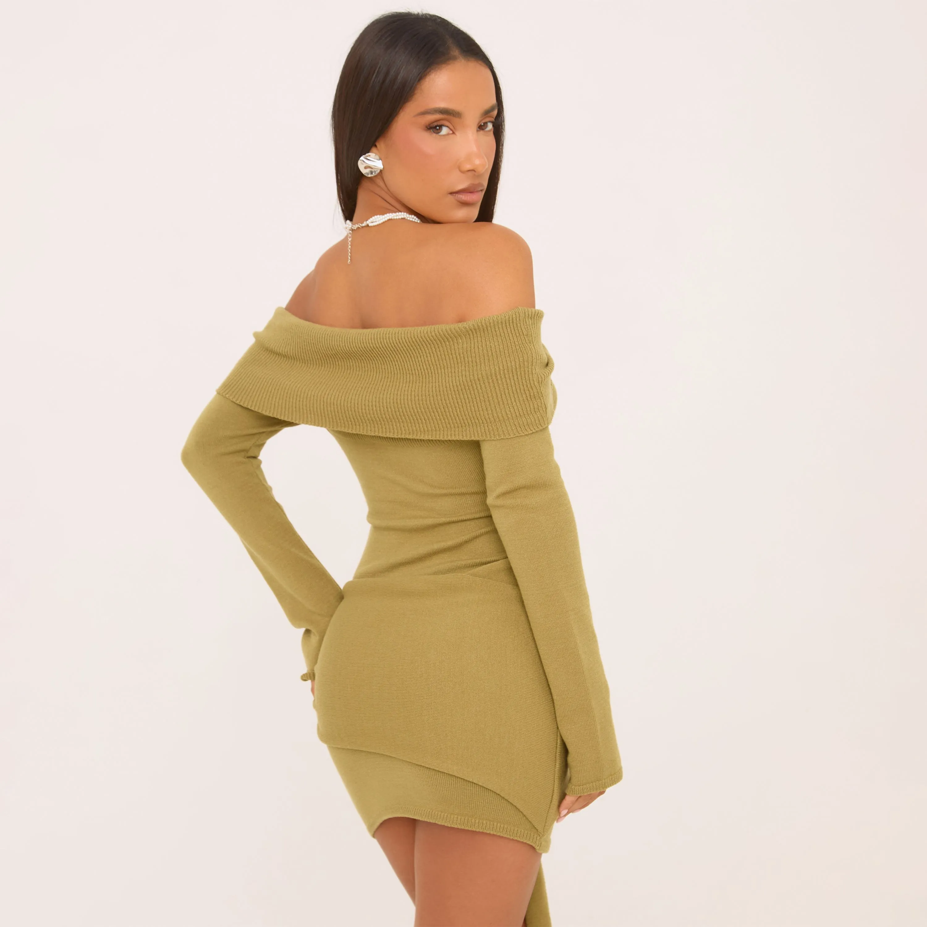 Twist Bardot Long Sleeve Drape Front Mini Dress Olive Green Knit