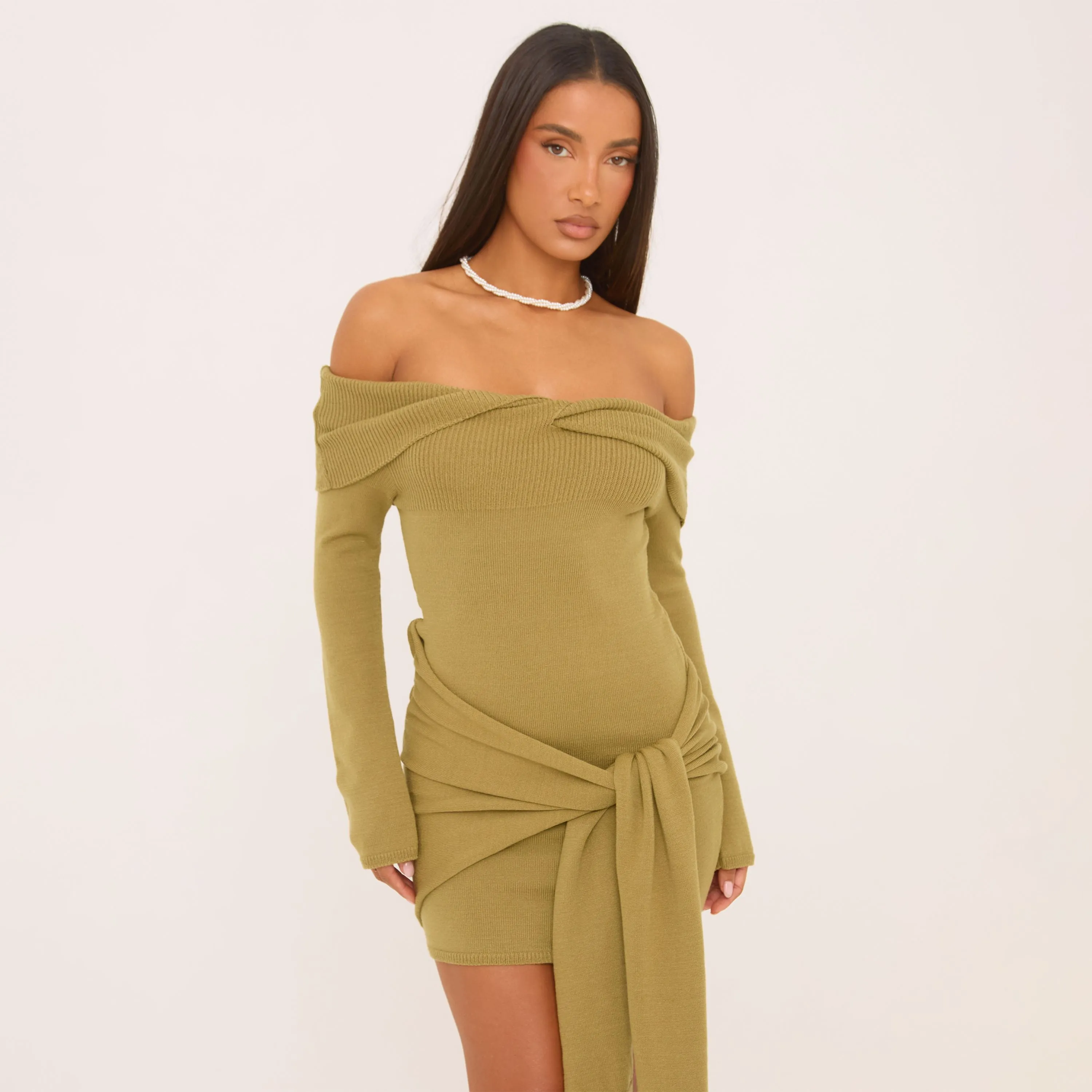 Twist Bardot Long Sleeve Drape Front Mini Dress Olive Green Knit