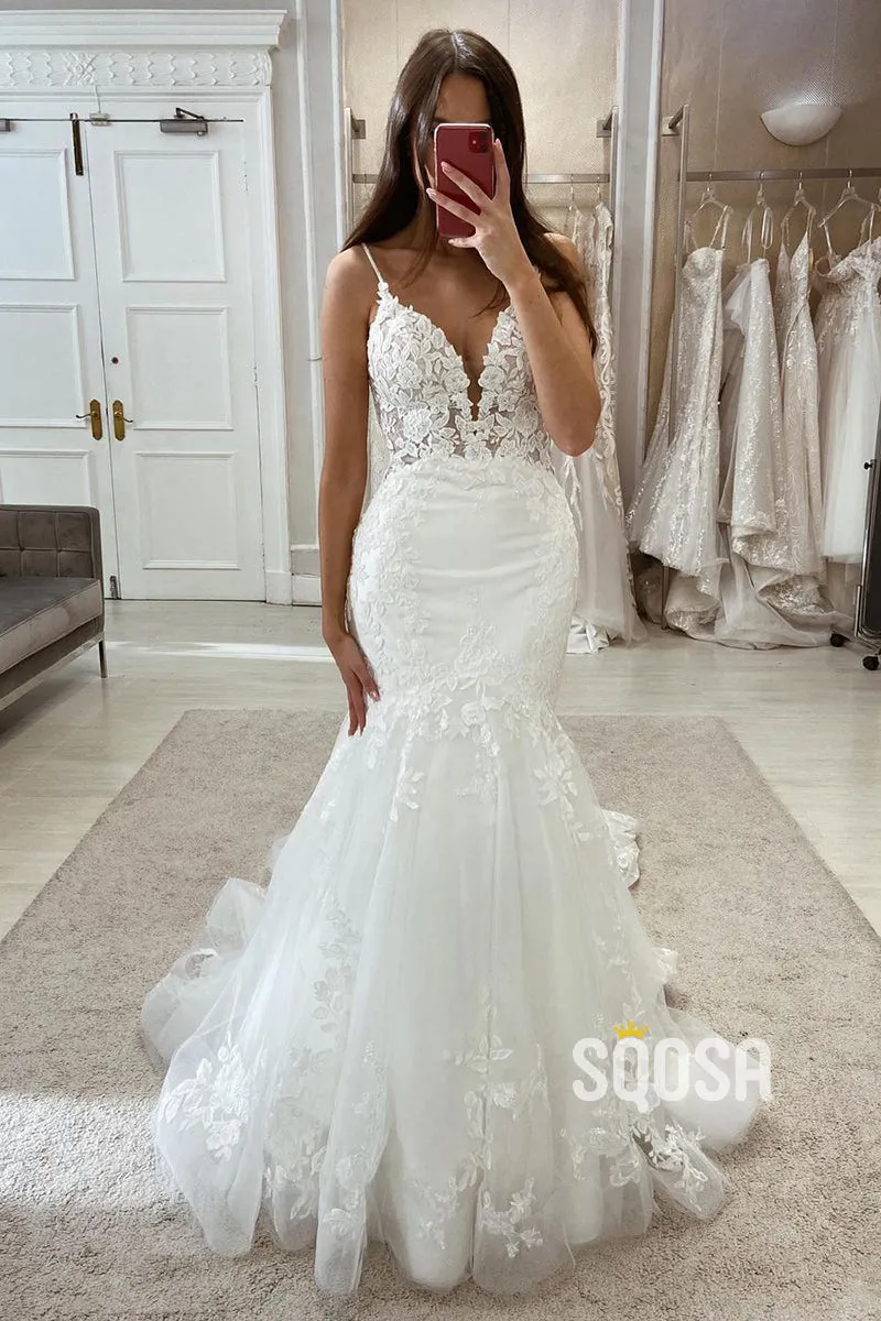 V-Neck Lace Applique Trumpet Wedding Dress with Spaghetti Straps