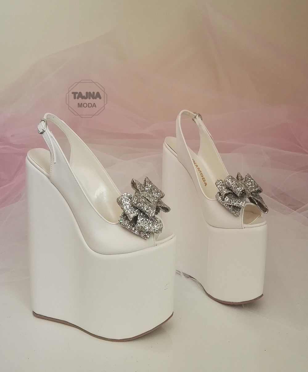 Wedding glitter bow wedge heel platform high heels shoes.