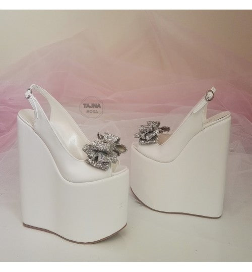 Wedding glitter bow wedge heel platform high heels shoes.