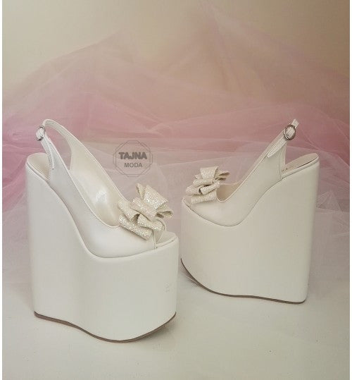 Wedding High Heel Platform Shoes with Peeptoe and Bow, Black Wedge Heels