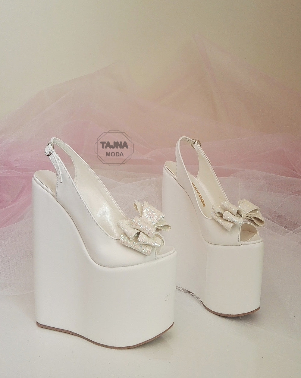 Wedding Peep Toe White Bow Wedge Heel Black Platform High Heel Shoes