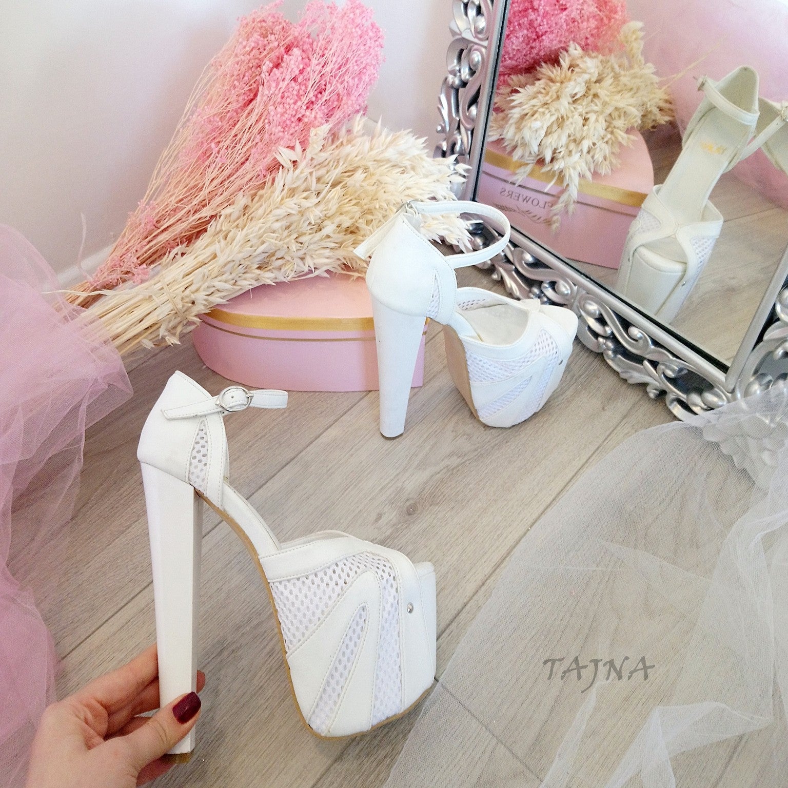 White fishnet peep toe platform shoes