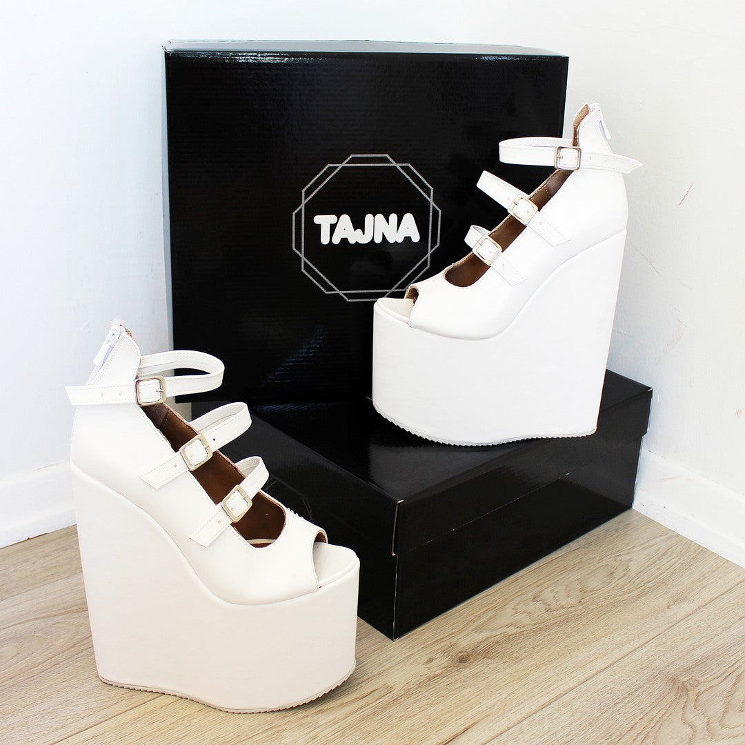 White wedge peep toe platform shoes