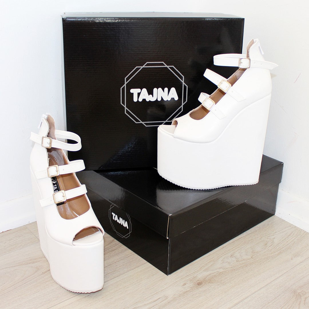 White wedge peep toe platform shoes