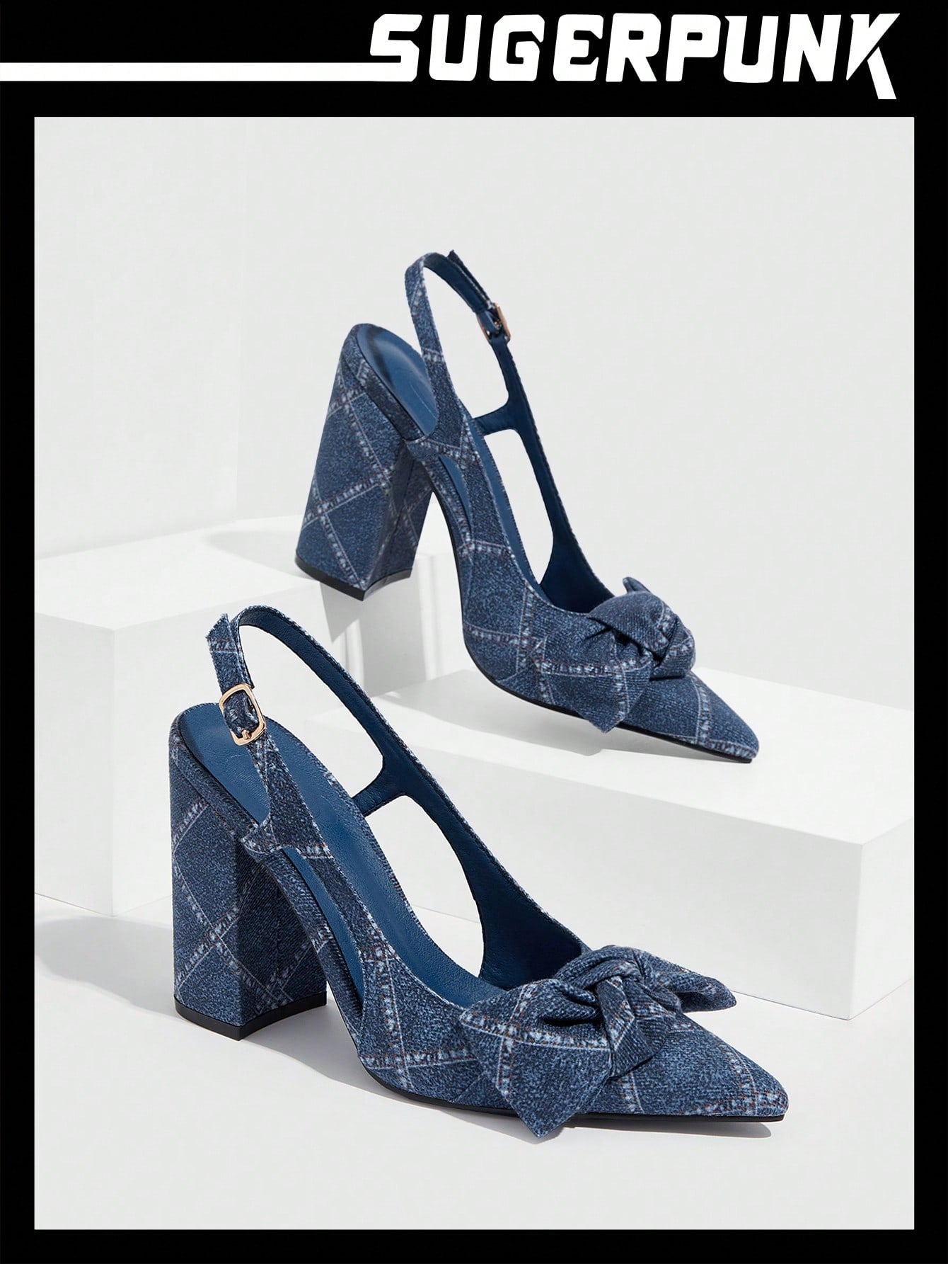 Women Denim Slingback Pumps, Pointed Toe Chunky Heeled Bow Decor - Fashionable Outdoor Pumps