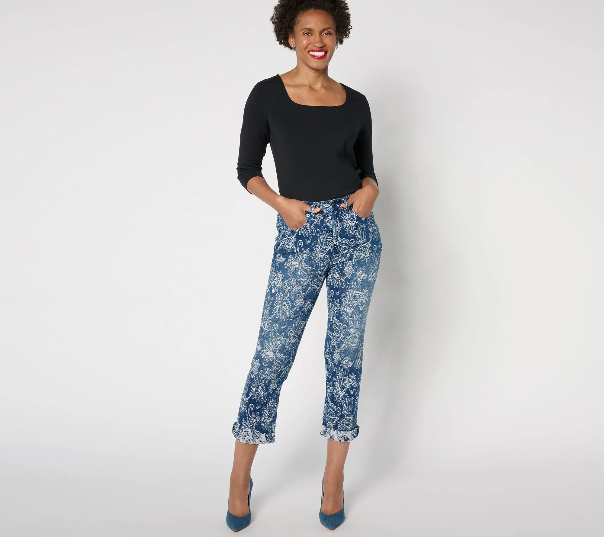 Petite Brown Jacquard Denim Crop Pants Women With Control