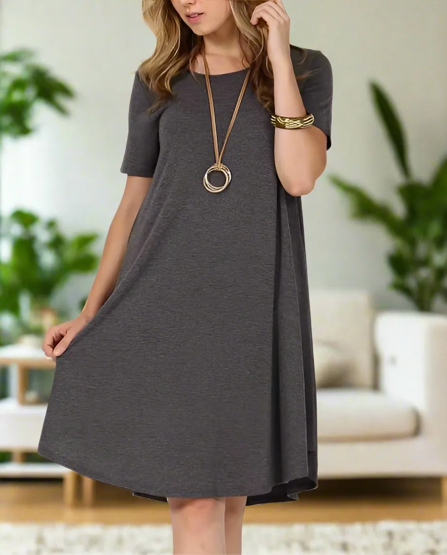 Women's Gray Casual Pocket Dress, Short Sleeve, Sizes S/M/L