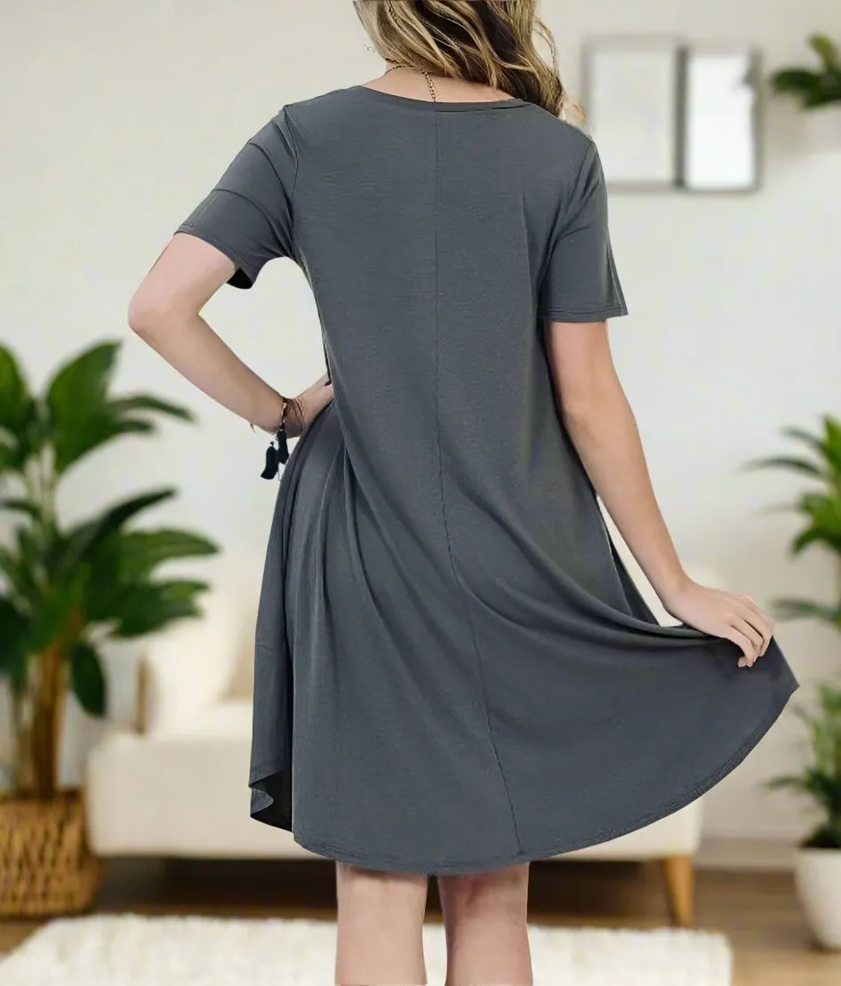 Women's Gray Casual Pocket Dress, Short Sleeve, Sizes S/M/L